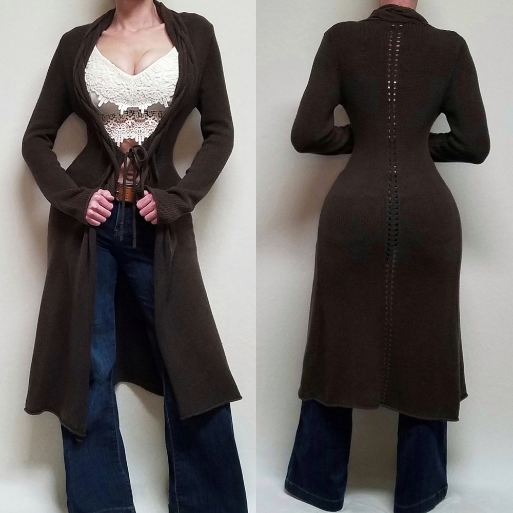 Rare Vintage 90s Max Studio Chocolate Brown Braided Detail Maxi Duster Cardigan